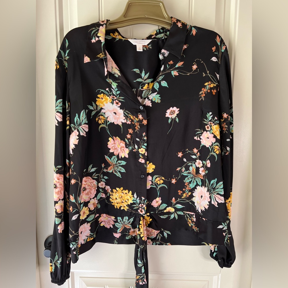 Lauren Conrad satin floral top with front tie size Large